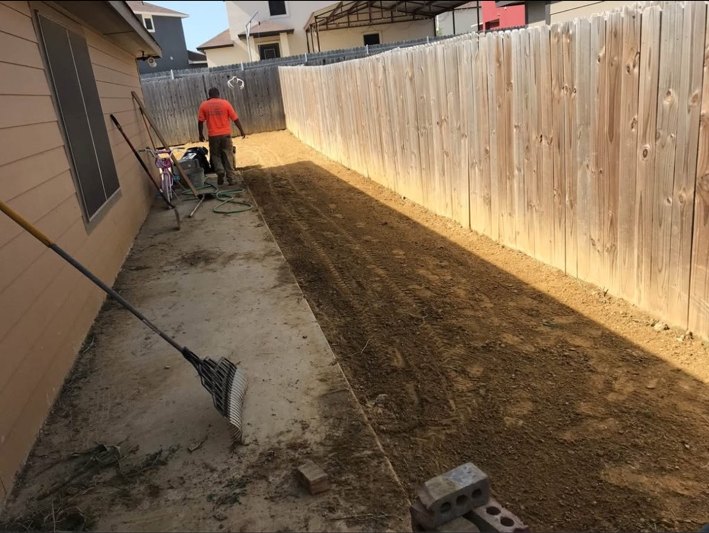 After side yard soil preparation by Del Valle Landscaping